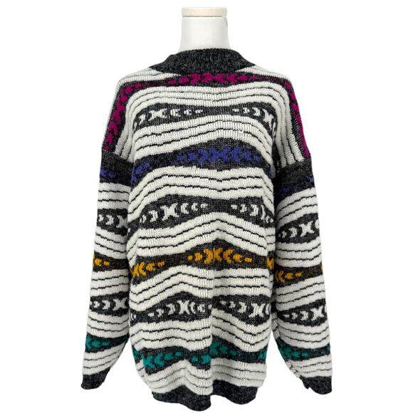 Vintage Sweaters - Vintage Jolie New York Neon Chunky Knit Sweater Oversized XL Made in USA 80s 90s